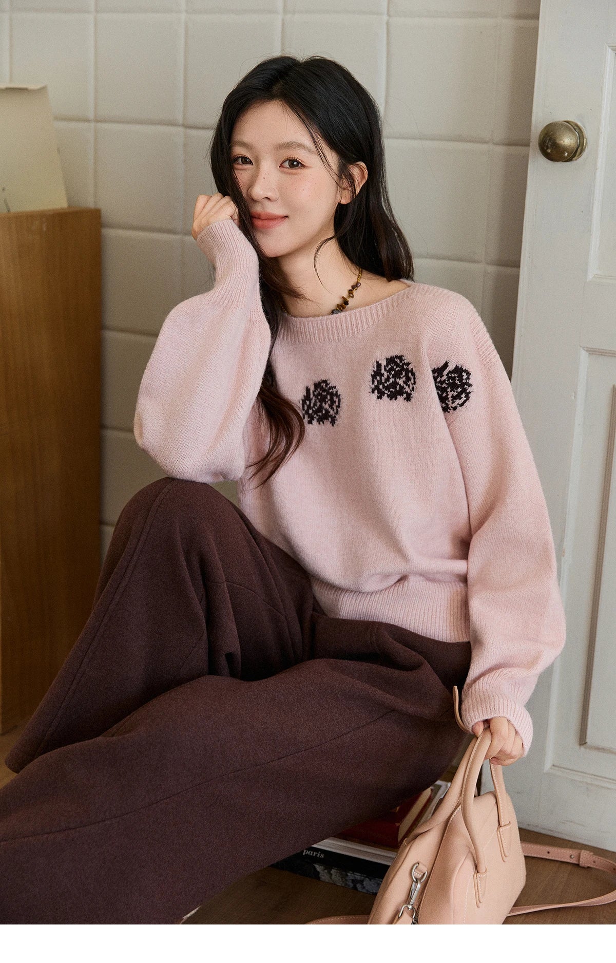 MISHOW Pink Jacquard Sweater for Women Fall Winter 2025 Lantern Sleeve Tops Shoulder Drop Thickened Knitted Sweater MXE91Z2775