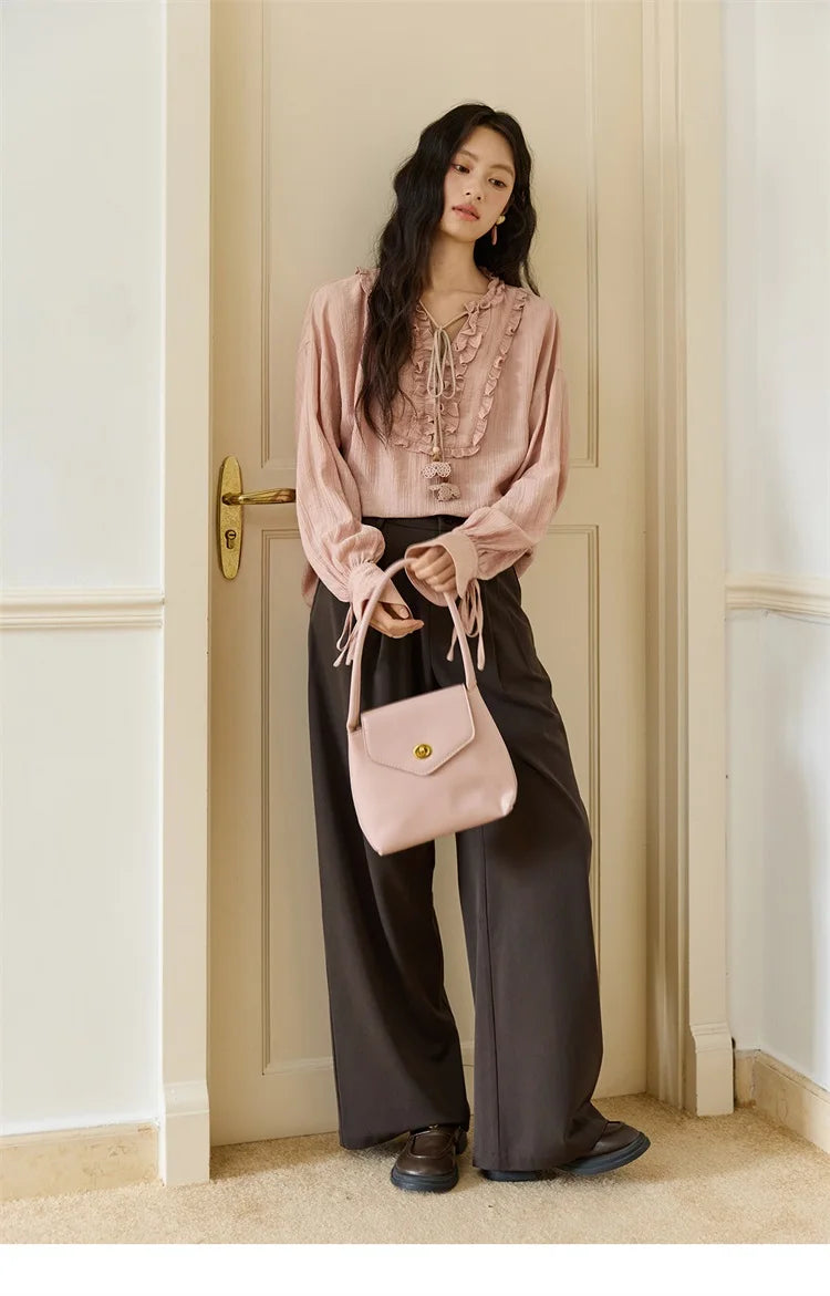 MISHOW Women's Pink Blouse 2025 Autumn Elegant Fold Edge V-collar Bubble Sleeve Top Loose Casual Commute  Blouses MXE45X2485