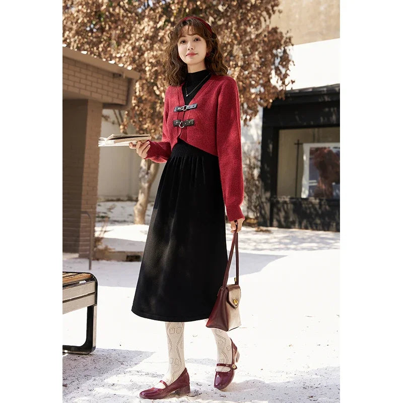 MISHOW Knitted Dress Solid Cardigan Separately Women Winter V Neck Sweater Midi A-line High Waist Dress Short Tops MXC59L1646