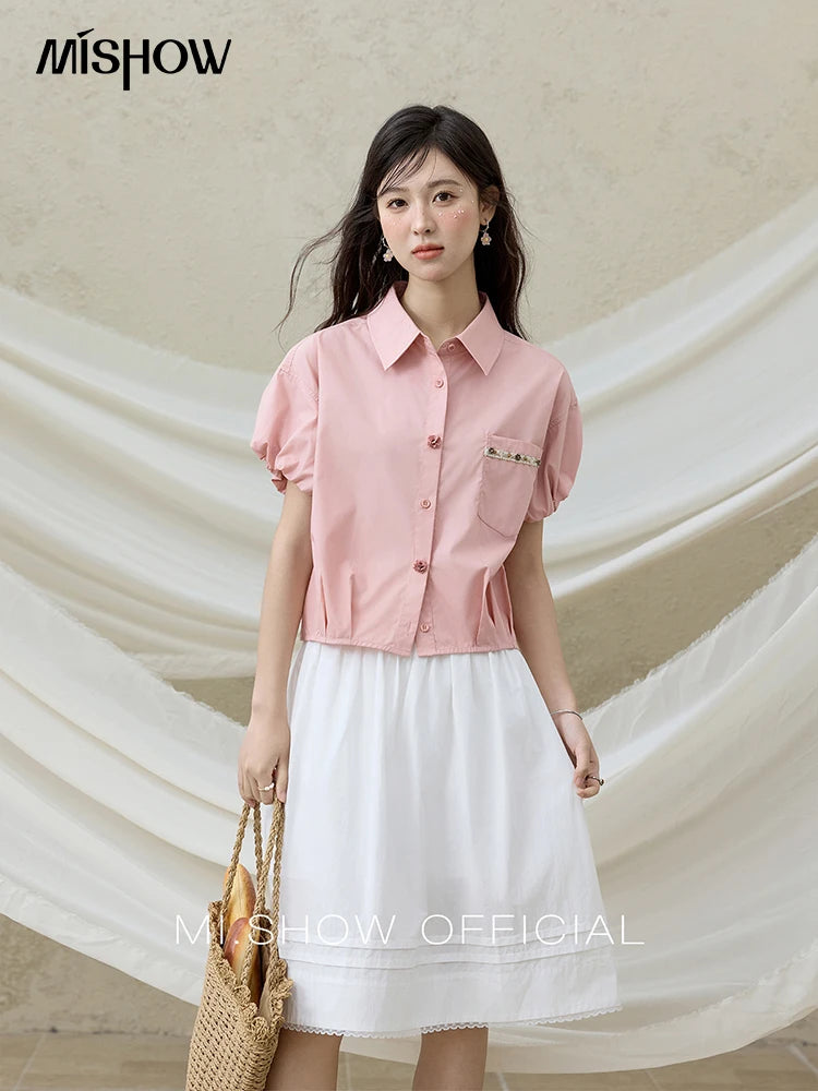 MISHOW Casual Summer Blouses Women 2025 New Short Puff Sleeve Turn Down Collar Shirt Female Fashion Shell Ribbon Tops MXE33C0773