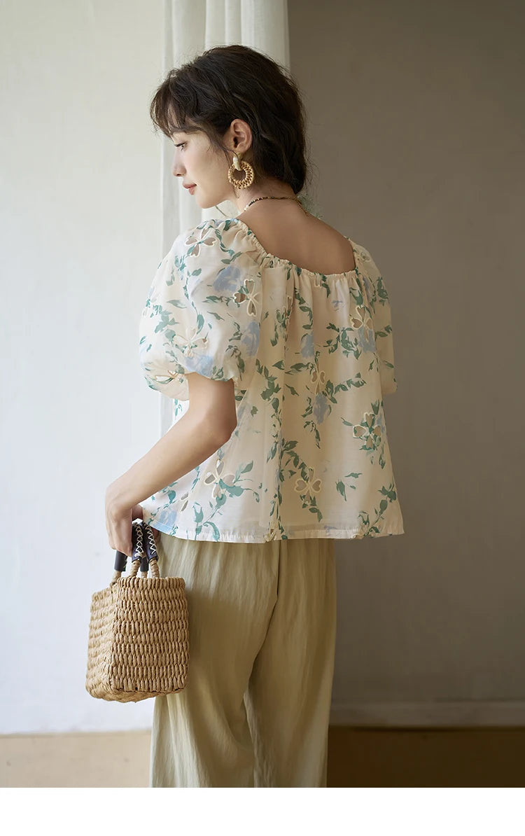 MISHOW Floral Hollow Blouse for Women 2024 Summer Korean Square Collar Elastic Blouses Sweet Puff Sleeve Loose Tops MXD29X1602