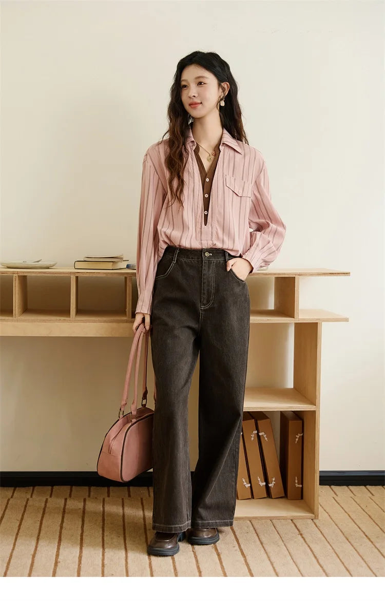 MISHOW Peach Skin Velvet Stripe Shirt for Women Autumn 2025 Double Layered Collar Contrasting Color Shirt Commute Top MXE47C2408