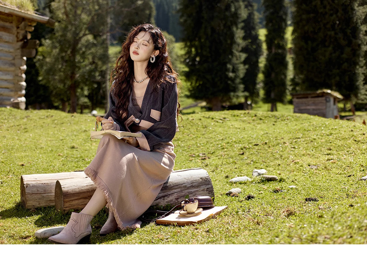 MISHOW Chenille Coat Knitted Strap Dress Separately Autumn Color Blocking Fake Pocket Top Square Neck Tassel Dresses MXD43L2041