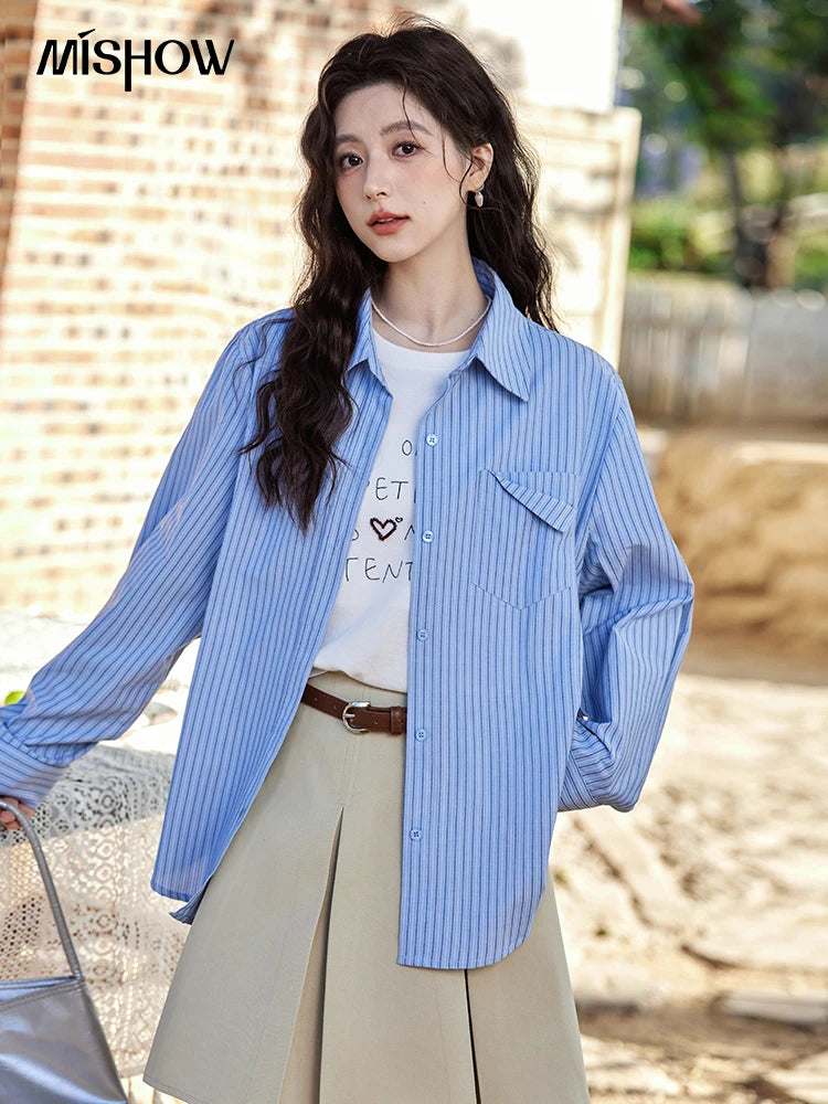 MISHOW Blue Striped Shirt for Women 2025 Spring Versatile Office Lady Tops Pocket Turn-down Collar Long-Sleeve Shirts MXE11C0399