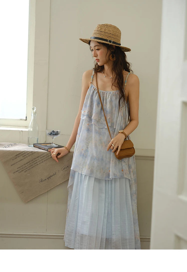 MISHOW Fashion Print Strap Dress for Women 2025 Summer New Multi Layer Ruffle Edge Splicing Sleeveless Midi Dresses MXE35L2233