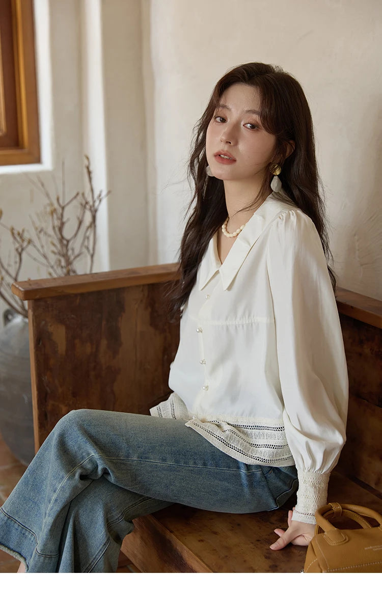 MISHOW Women's French Lace Patchwork Shirt 2025 Autumn Butterfly Collar Lantern Sleeves Apricot Elegant Commuting Top MXE41C2357