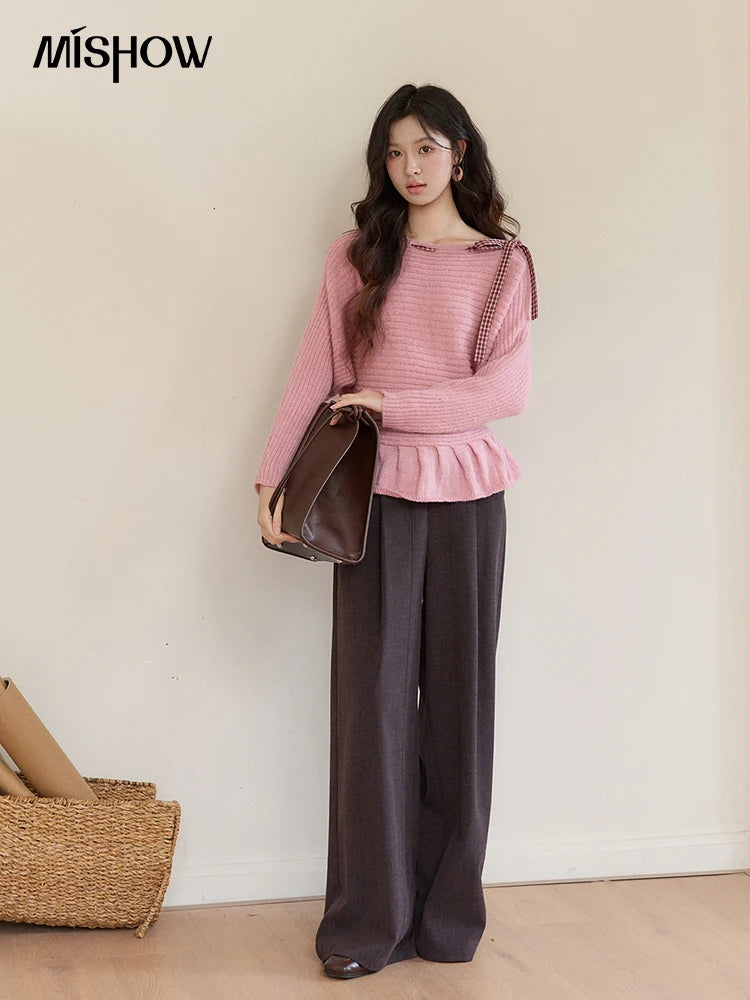 MISHOW Women's Pink Ribbed Knit Sweater 2026 Spring Plaid Bow Decor Peplum Hem Long Sleeve Casual Slim Pullover Tops MXF11Z3016