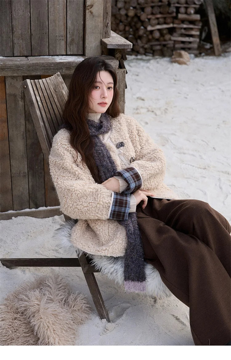 MISHOW Plaid Patchwork Curly Lambswool Coat Winter 2025 Women's Fashion Coat Double-Front Retro Casual Loose Jacket MXE87W0939