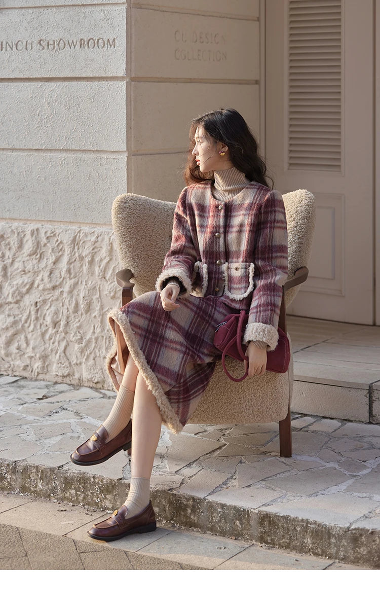 MISHOW Plaid Tweed Jacket Midi Skirt Separately Women 2024 Winter Korean Gentle Thick O-Neck Jacket Straight Skirt MXD54W0562