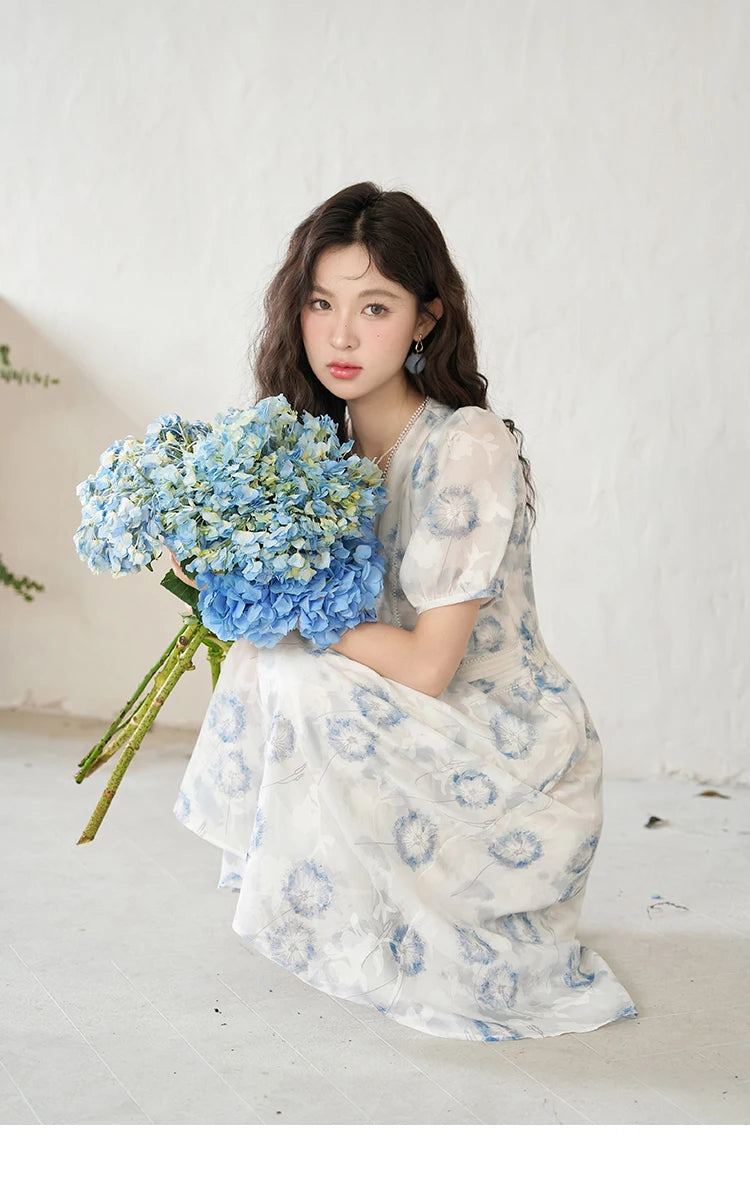 MISHOW 【Taraxacum Series】Chiffon Dress for Women 2023 Summer French Taraxacum Printing V-neck Waist Puff Sleeve Dress MXC39L1555