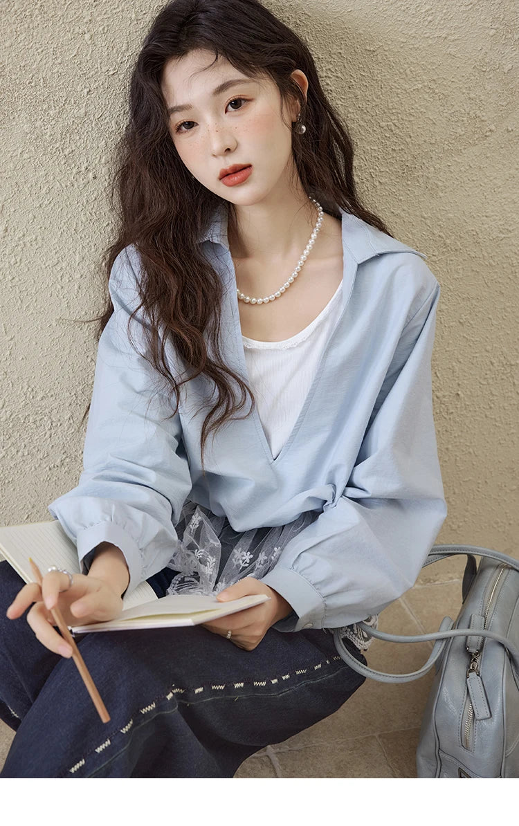 MISHOW French Spring Shirts Women 2025 Long Sleeve Turn-down Collar Fake Two-piece Blouses Female Splicing Lace Tops MXE16C0783