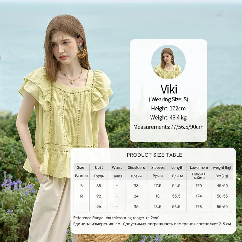 MISHOW Korean Lace Hollowed Out Flying Sleeve Blouse for Women 2024 Summer Square Neck Doll Shirt Casual Top MXD30X1574