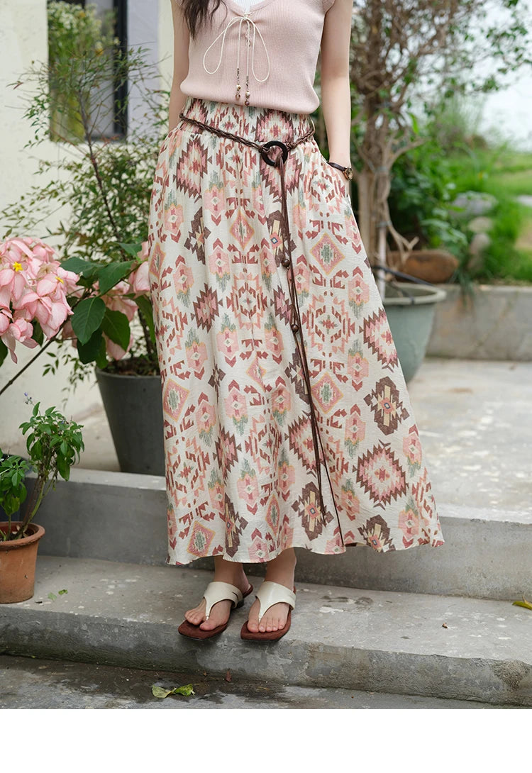 MISHOW Women's Geometric Print Half Skirt 2025 Summer Retro Prairie Chic Pocket Vacation A-line Skirt Female Clothing MXE37B0760