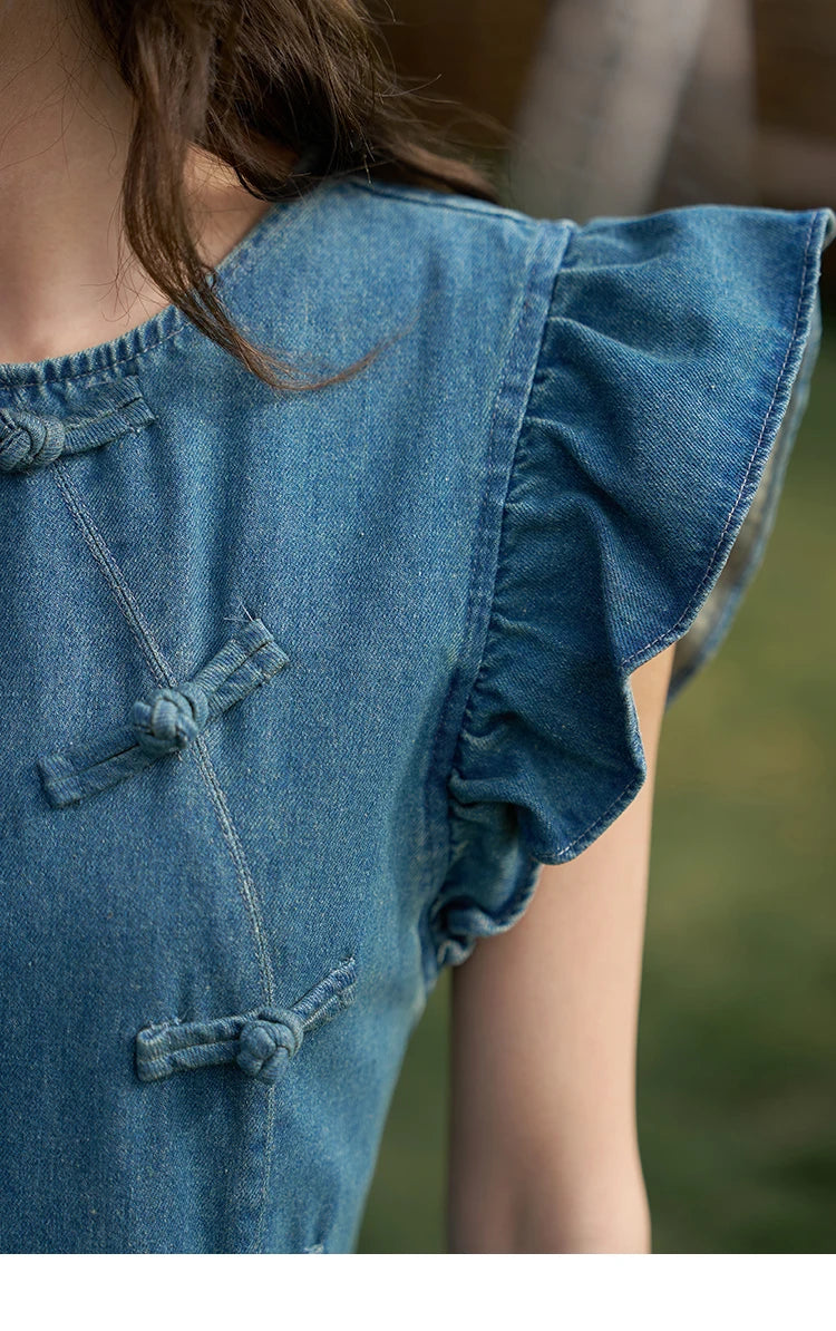 MISHOW Chinese Flying Sleeve Split Denim Dress 2024 Side Flap Buckle Round Neck Denim Waist Loose Knee-Length Dresses MXD22L1851