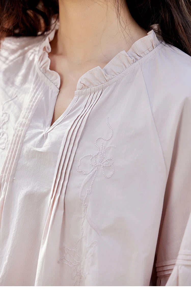 MISHOW Pink Cotton Ruffled Blouse Loose Long Sleeve MXE13X1699