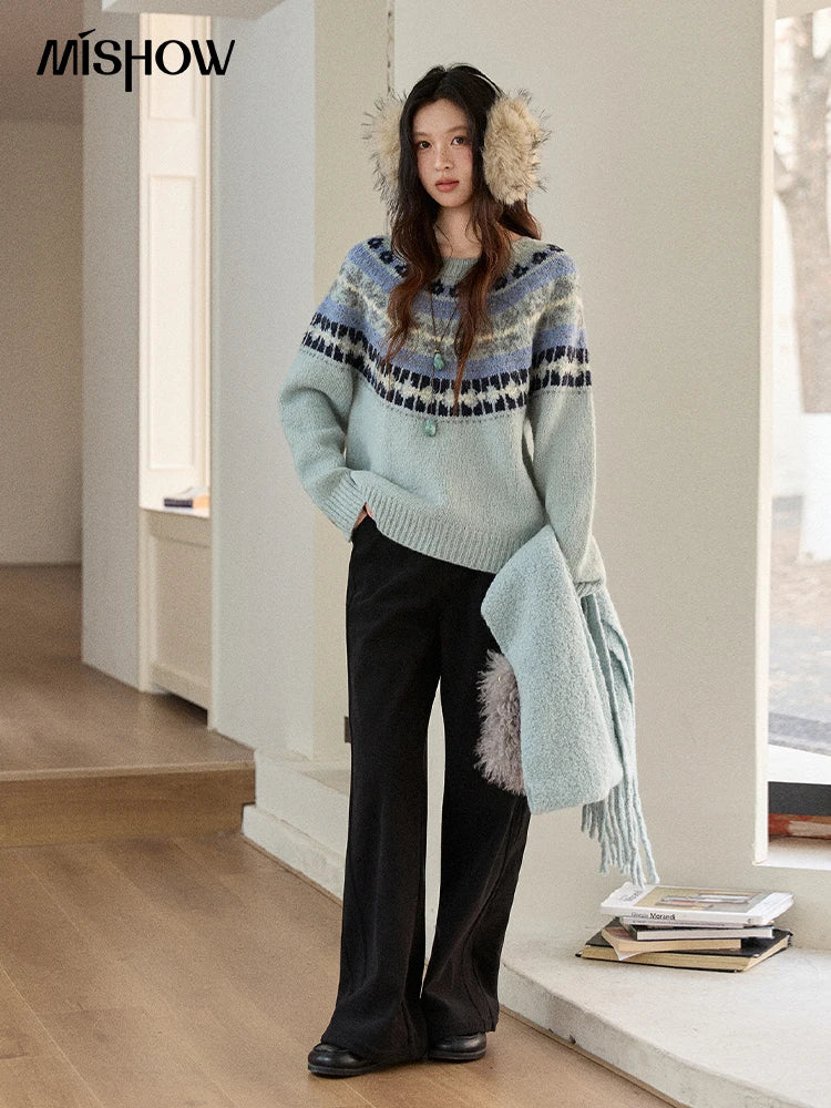 MISHOW Women's Blue Fair Isle Sweater 2025 Winter Geometric Jacquard Loose Retro Wool Blend Knit Pullovers Sweaters MXE87Z2767