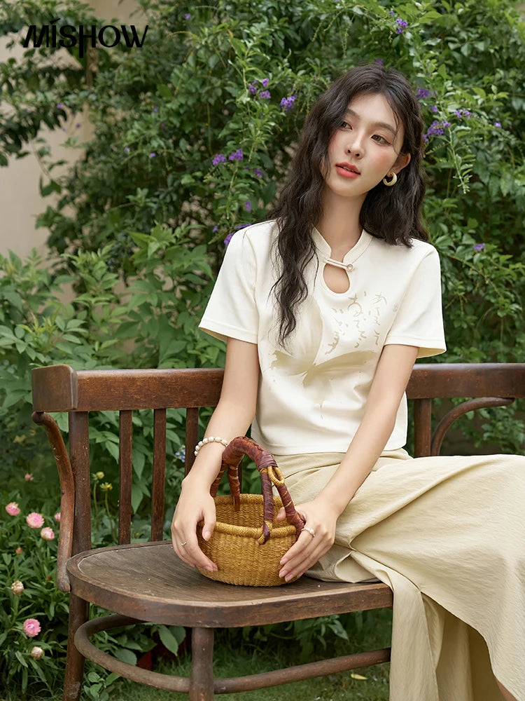 MISHOW Chinese Stand Collar Top Pleated Skirt Separately 2024 Summer Short Ink Painting Printed T-shirt A-line Skirt MXD27T0272