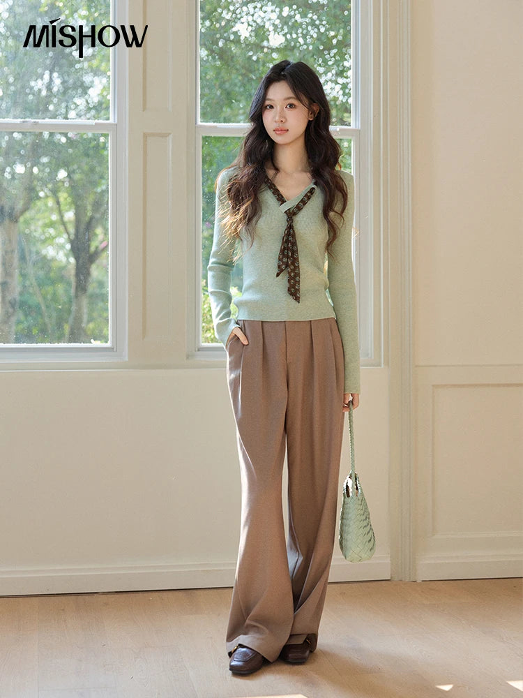 MISHOW Women's V Neck Tie Neck Floral Ribbed Knit Tops 2026 Spring Long Sleeve Slim Casual Soft Green Thin Sweater MXF108Z1024