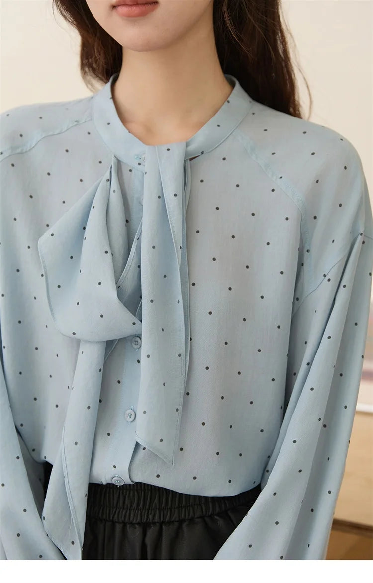 MISHOW Women's Casual Shirt 2025 Autumn French Vintage Blue Polka Dot Shirt Bow Collar Long-sleeve Top Women's Clothe MXE45X2475