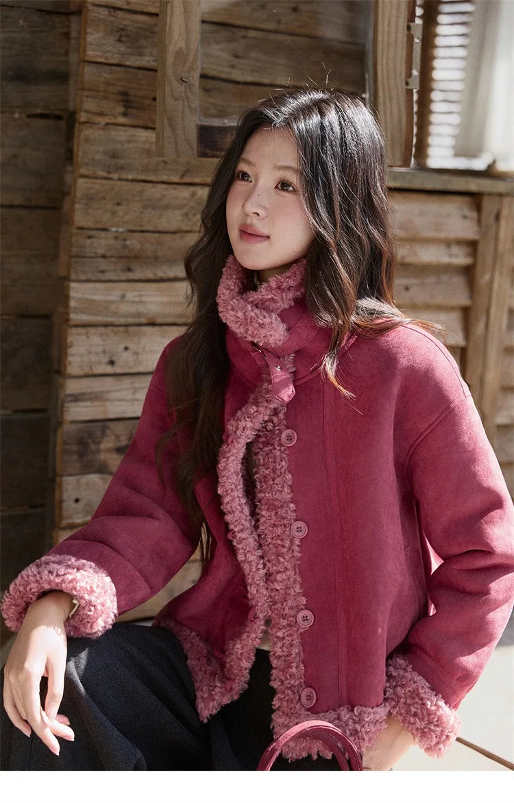 MISHOW Women's Dragon Fruit Red Suede Patchwork Coat 2025 Winter Color Block Stand Collar Thickened Short Outerwear MXE87W0942