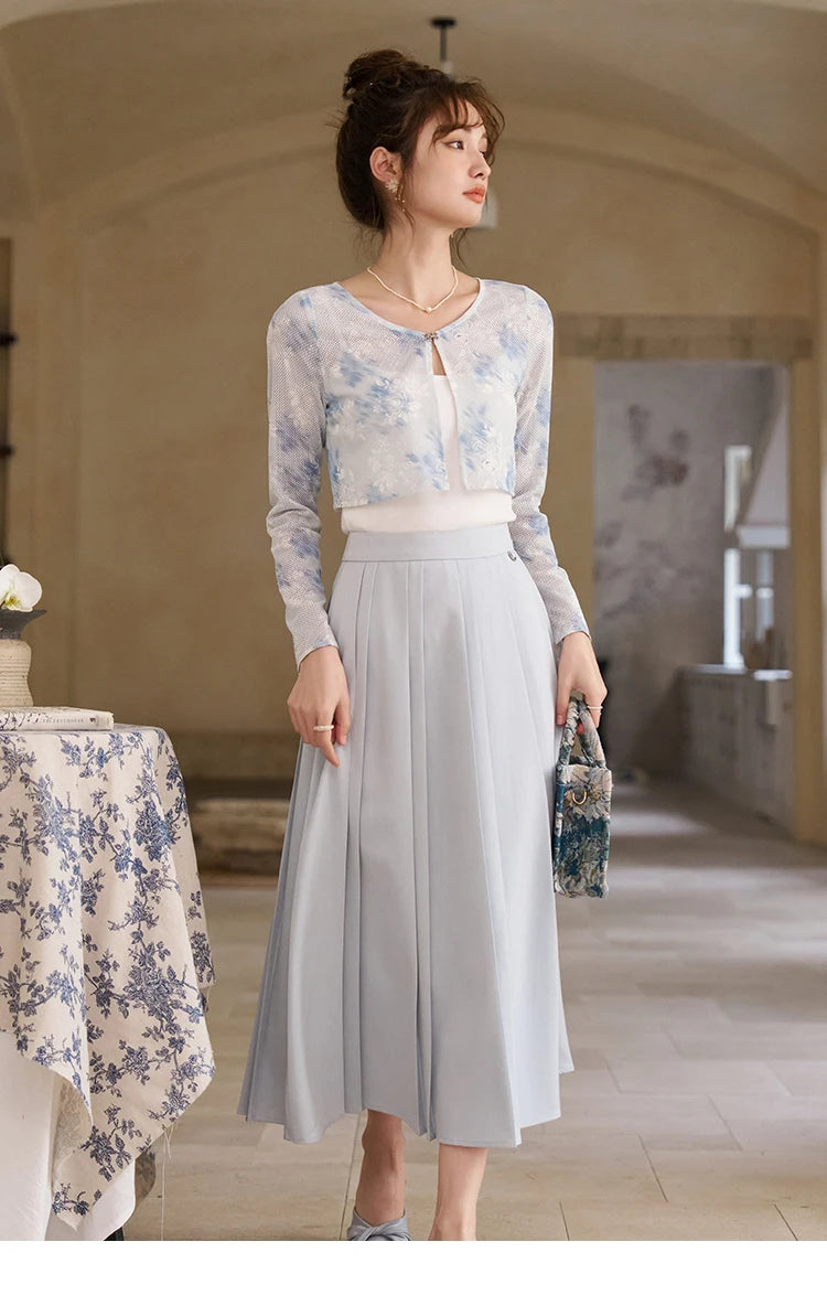 MISHOW Elegant Hollow Out Cardigan Camisole Skirt Separately Spring Lace Printing Short Cardigans Solid Pleated Skirt MXD12W0342