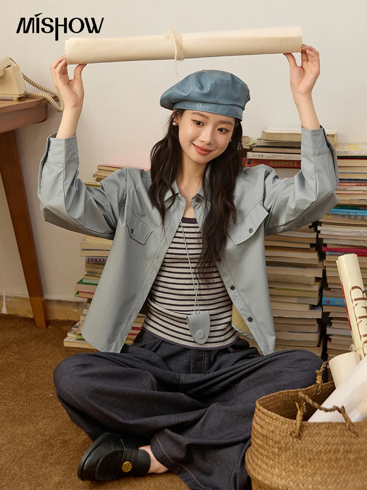 MISHOW Women's Two-Piece Set 2025 Autumn Vintage Striped Vest Solid Turn Down Collar Jacket Commute with Pendant Sets MXE45T1396