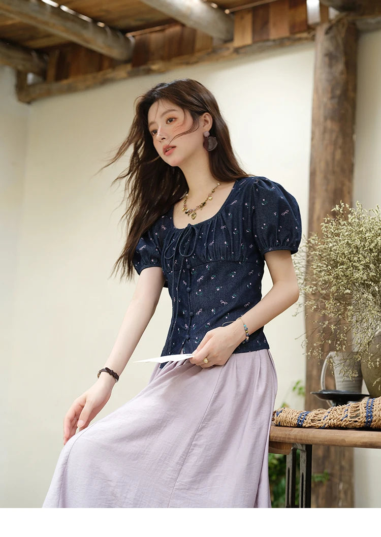 MISHOW Fashion Puff Sleeve Square Neck Blouse for Women 2025 Summer Lace Up Button Print Denim Top Women's Clothing MXE39X1933