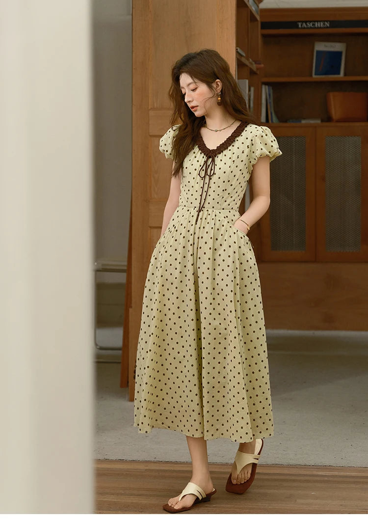 MISHOW Women's Casual Polka Dot Dress 2025 Summer New Ladies Puff Sleeve V-neck Lace Up Ruffle Edge Pocket Dresses MXE39L2326