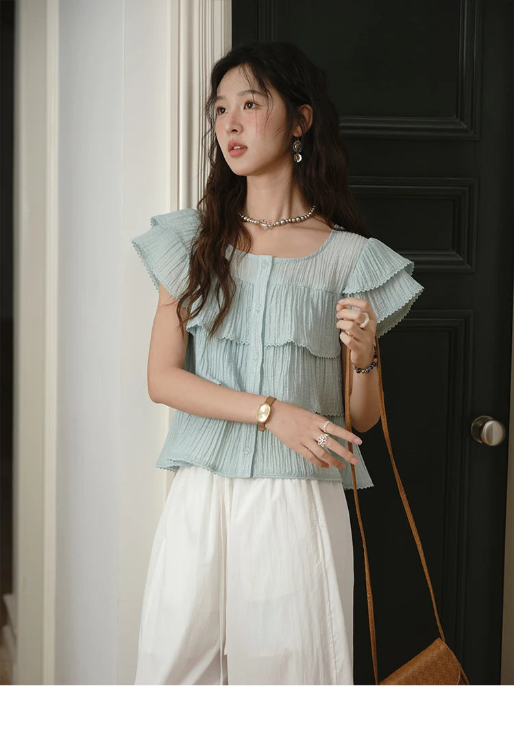 MISHOW Butterfly Sleeve Chiffon Shirt Women's 2025 Summer New Women's Clothing Retro Square Neck Button Casual Shirt MXD30X1488