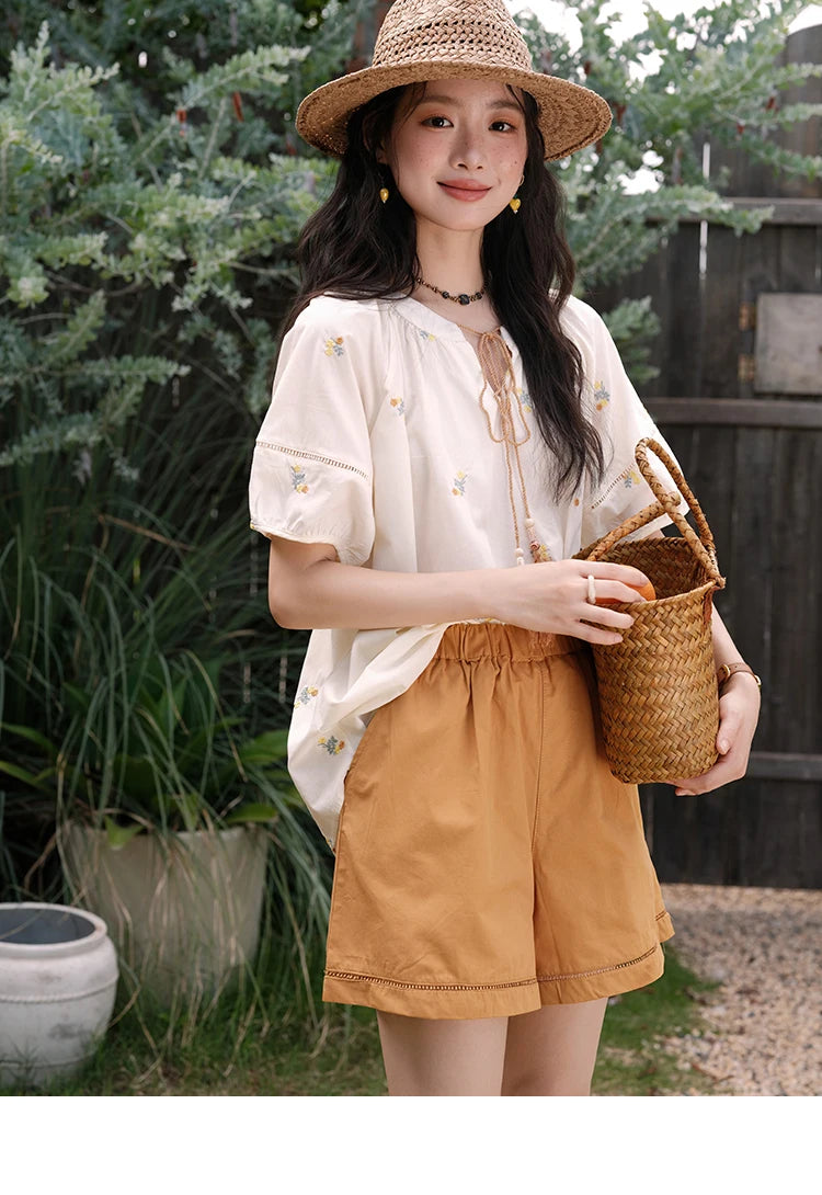 MISHOW Women Two-Piece Set 2025 Summer Puff Sleeve Lace Up Top Hollow Lace Spliced Elastic Waist Shorts Ladies Set MXE38T0684