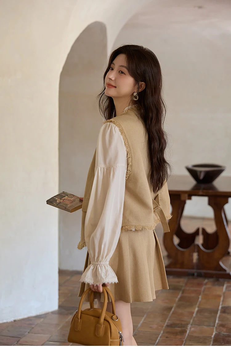 MISHOW Khaki Rough Selvedge Vest Coat Pleated Skirt Two-piece Set 2025 Autumn Women Linen Blend Retro Set Office Lady MXE41T0690