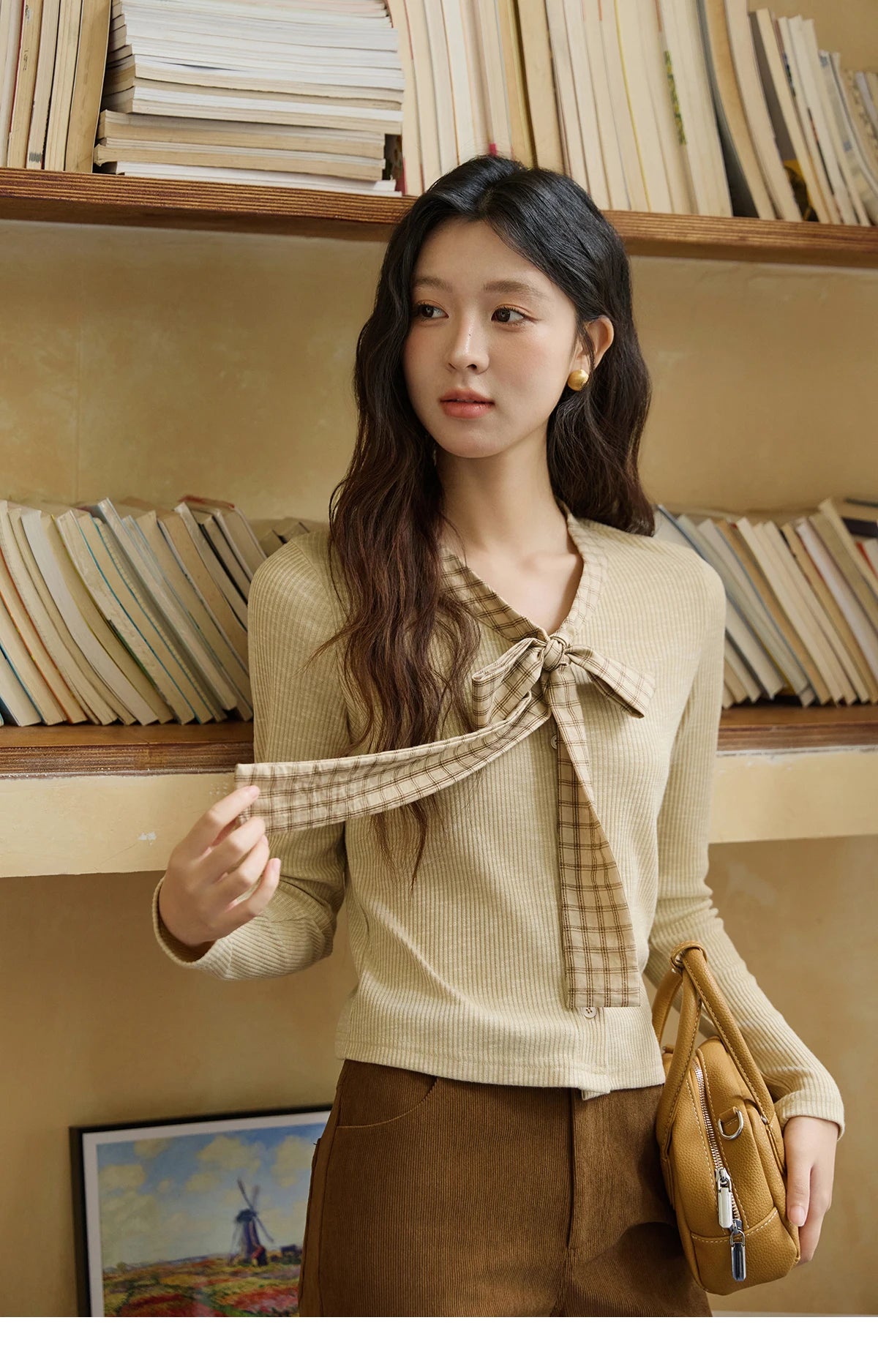 MISHOW Yellow Cardigan Women 2025 Autumn Vintage Plaid Bowknot V-neck Long-sleeve Knitted Top Commute Slim Sweater MXE16Z1168