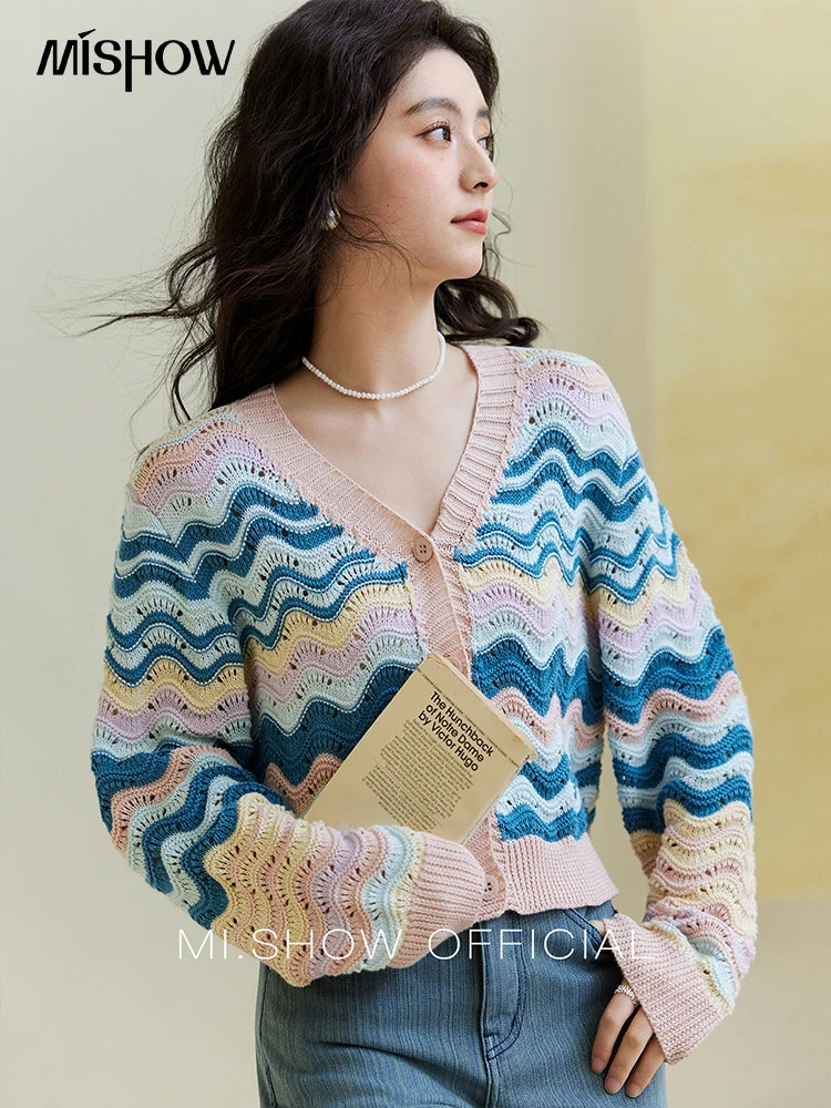 MISHOW Color Stripe Knitted Cardigan Women 2025 Spring V-neck Long Sleeve Loose Cardigans Woman Fashion Office Lady MXE16Z1203