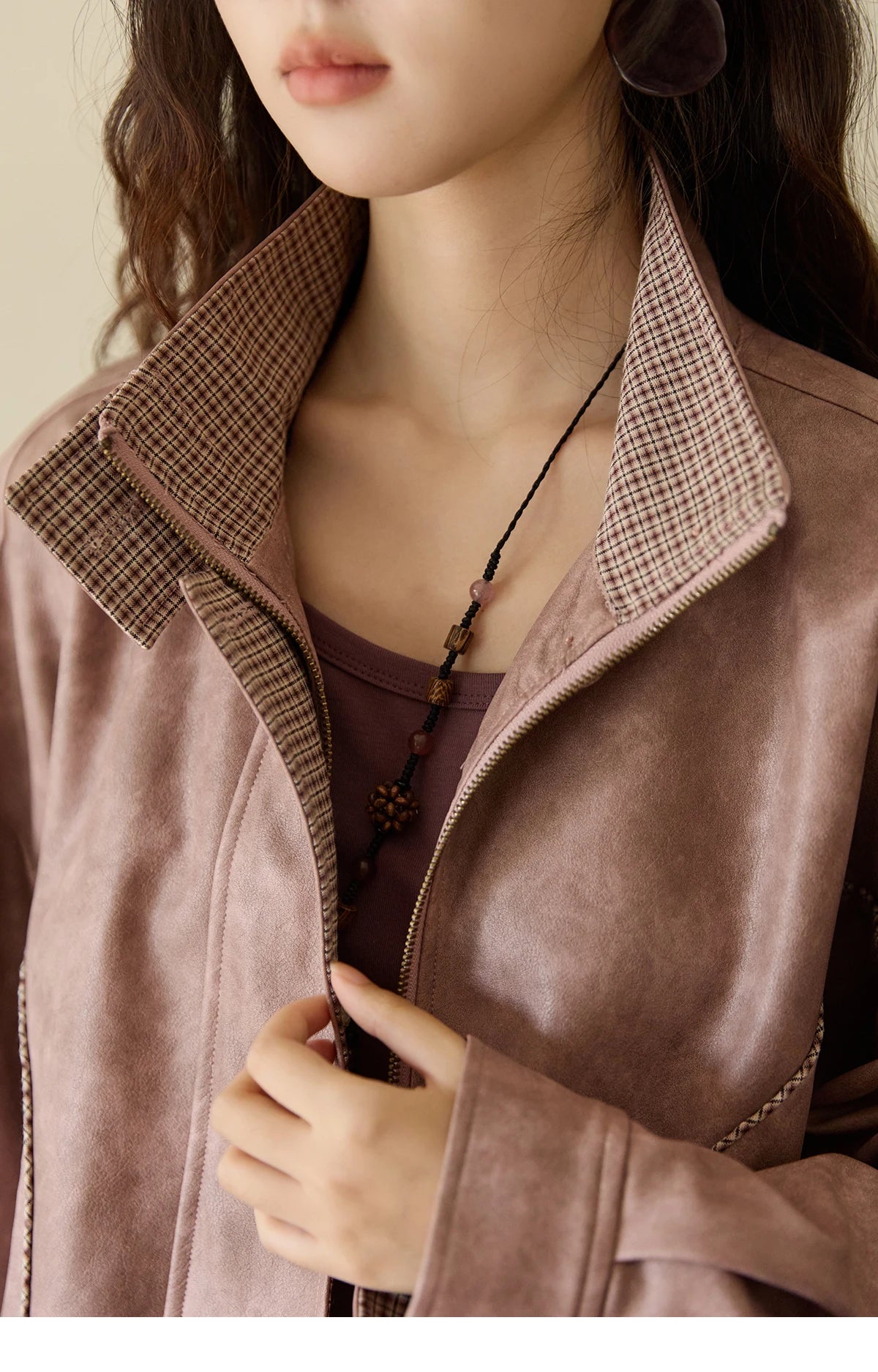 MISHOW Women's Dyed Leather Jackets 2025 Autumn Short Contrasting Plaid Lapel Jacket Fashion Loose Bow Pockets Coat MXE44W0818