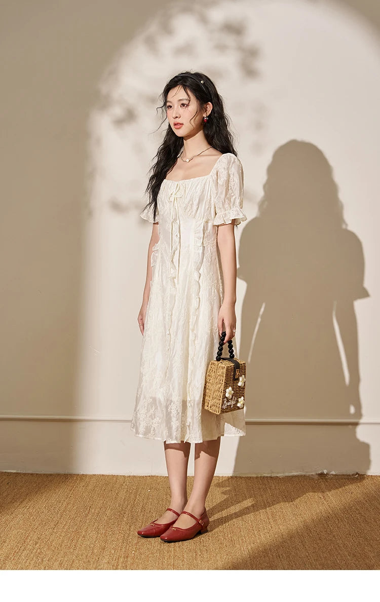 MISHOW Square Neck Vertical Stripe Ruffle Edge Dress 2025 Summer Tea Break French Bubble Sleeve Vacation Long Dresses MXD27L1808