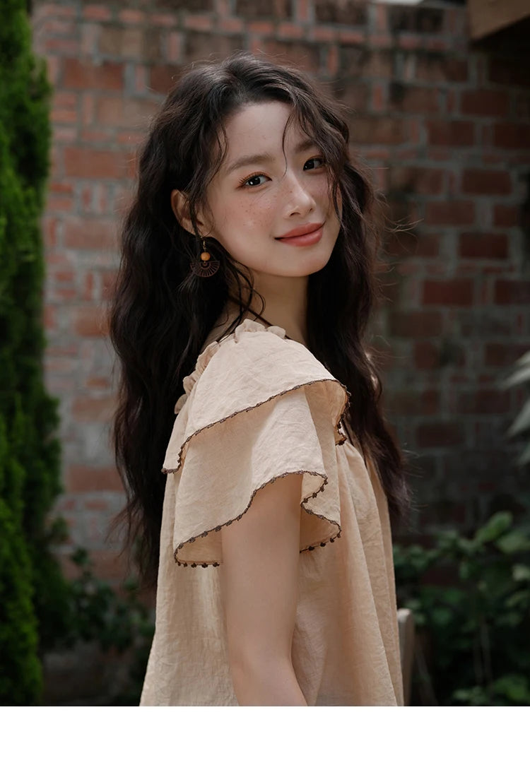 MISHOW Women's Fashion Butterfly Sleeve Blouse Summer 2025 New Loose Casual Square Neck Button Top Women's Clothing MXE37X1854