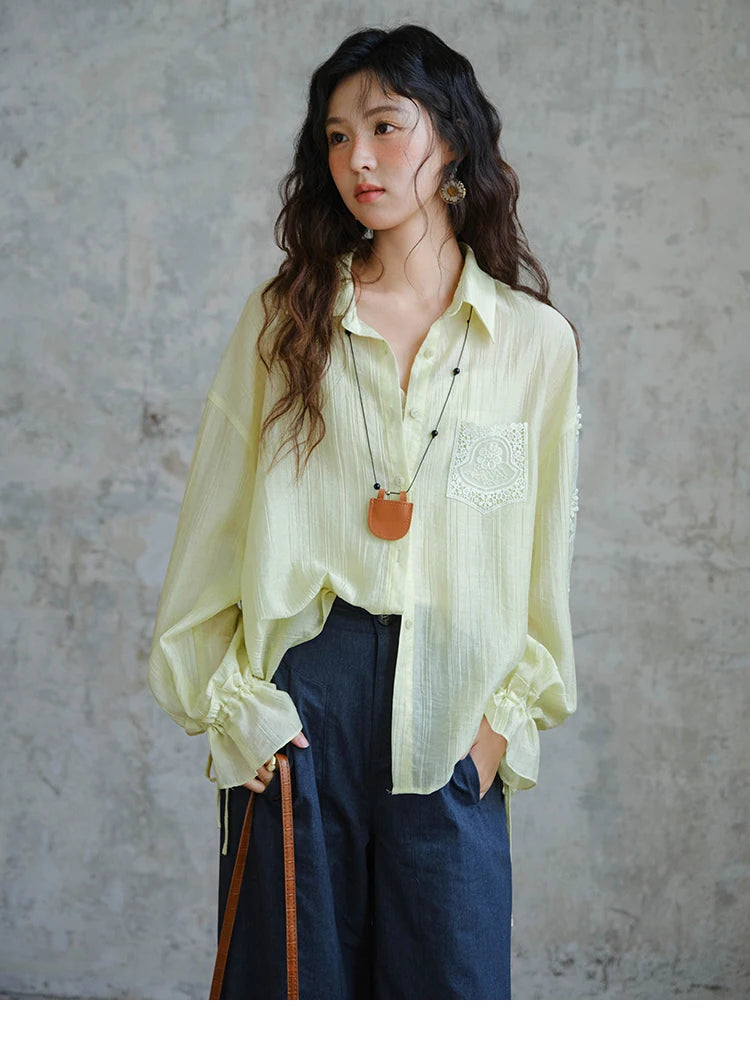 MISHOW Blend Patchwork Lace Cool Shirt Female Autumn 2025 Korean Loose Lapel Drop Sleeve Shirts Drawstring Cuffs Top MXE31C0789