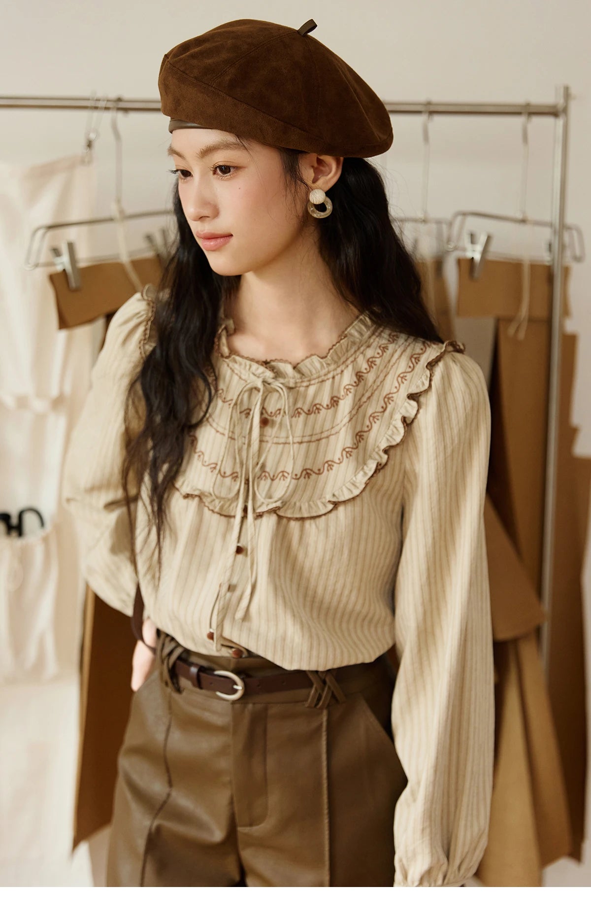 MISHOW Striped Shirt for Woman 2025 New Retro Wood Ear Edge Round Neck Embroidery Top Korean Popular Clothes Autumn MXE46X2492