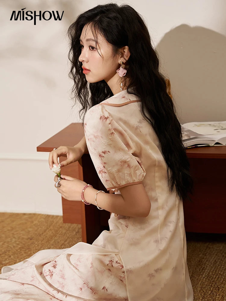 MISHOW Chinese Doll Collar Dresses 2024 Summer Improved Cheongsam Waist Pink Bamboo Printing Splicing Mesh Midi Dress MXD22L1829