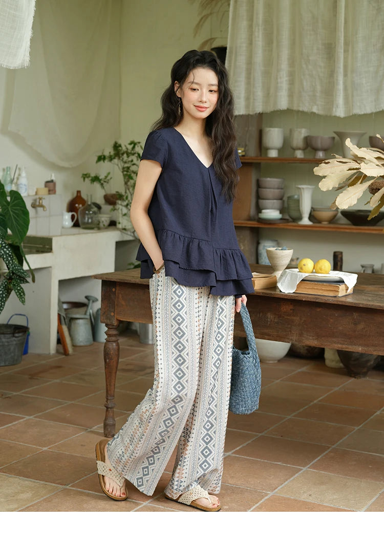 MISHOW Women's Two Piece Set 2025 Summer Spliced Lotus Leaf Edge V-neck Blouse Fashion Geometric Wide Leg Pants Set MXE39T0670