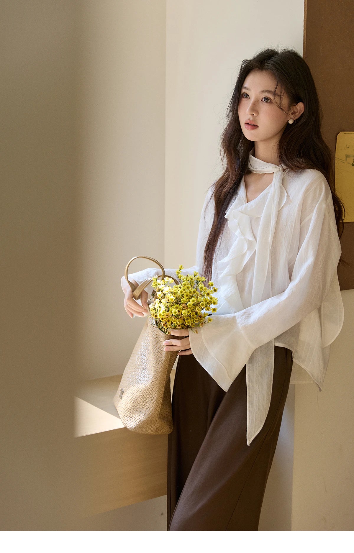 MISHOW Women's Ruffle Trim Chiffon Blouse with Detachable Scarf 2026 Spring Long Sleeve Loose Fit Casual White Top MXF108X0999