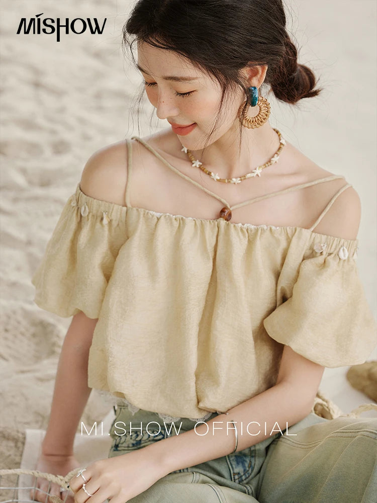 MISHOW French Summer Camisole Shirt Female 2025 New Solid Off-shoulder Short Sleeve Lace Tops Fashion Gentle Blouses MXE33X1755