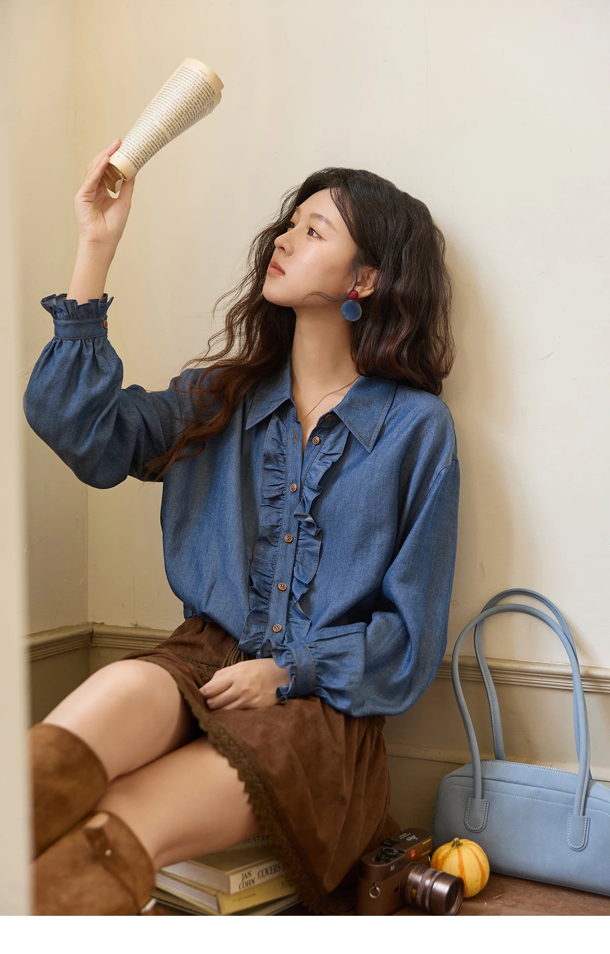 MISHOW Blue Lyocell Imitation Denim Shirt for Women Autumn 2025 Ruffled Placket Contrasting Button Waist Cinc Shirt MXE43C2386