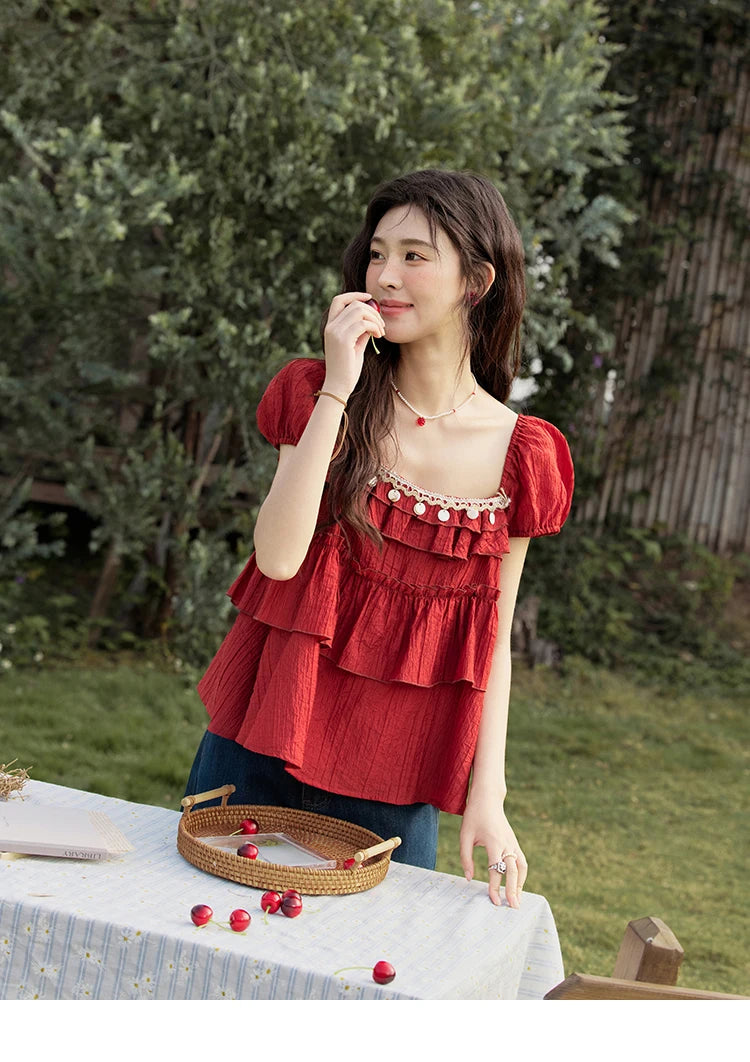 MISHOW French Summer Blouse Women New 2025 Short Sleeve Square Collar Cake Ribbon Shirts Female Fashion Slimming Tops MXE33X1763