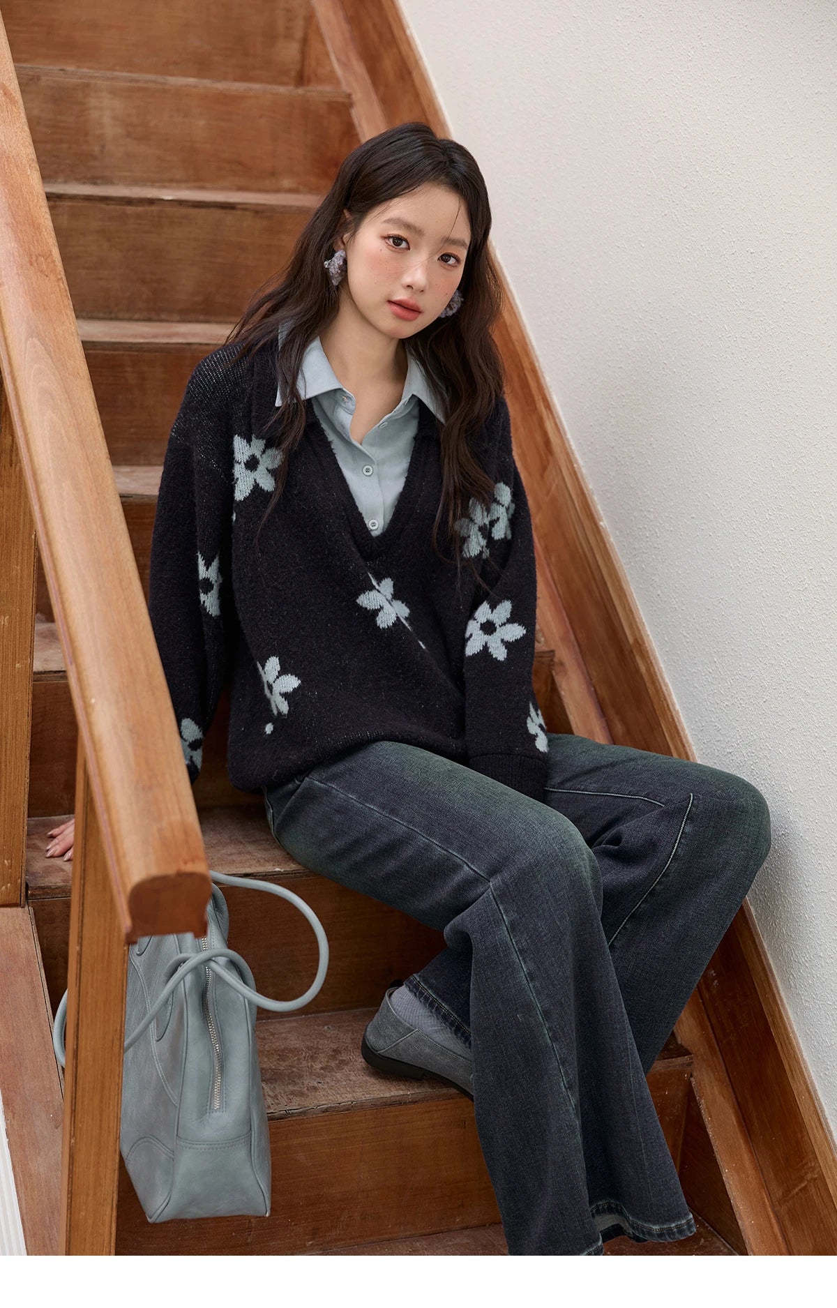 MISHOW Dark Blue Fake Two-piece Pullovers for Women 2025 Autumn Winter New Turn-down Collar Flower Pattern Sweater MXE51Z2554