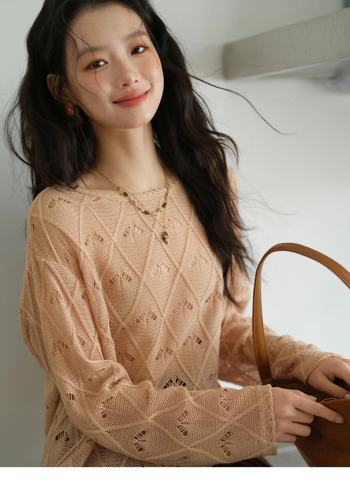 MISHOW Women's Diamond Patterned Knitted Top 2025 Autumn Bohemian Hollowed Out Thin Top Scoop Neck Knitted Sweaters MXE42Z1332