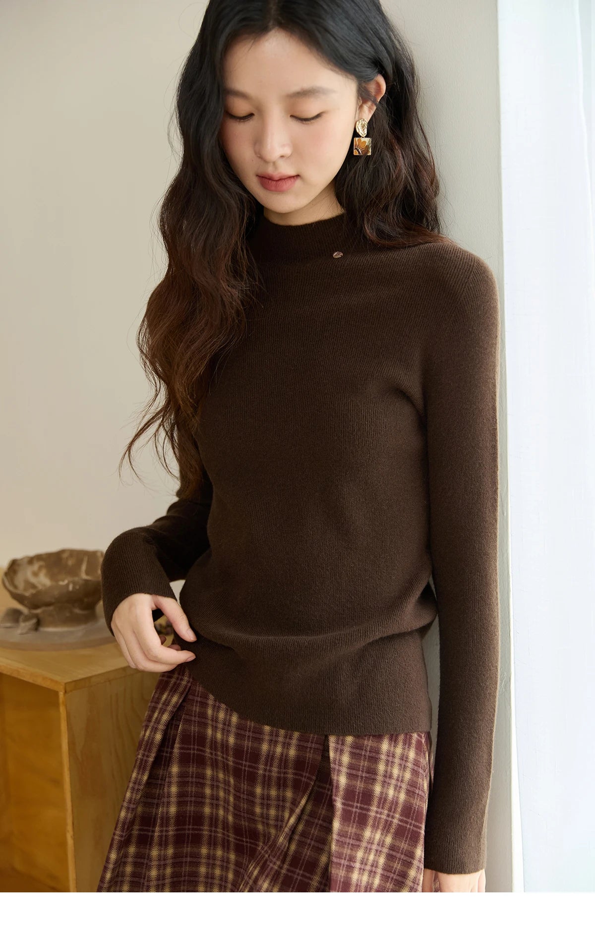 MISHOW Woman Long-sleeved Tops 2025 Autumn Winter Minimalist Mock Neck Knited Top Commute Casual Slim Pullover Woman MXE48Z2583