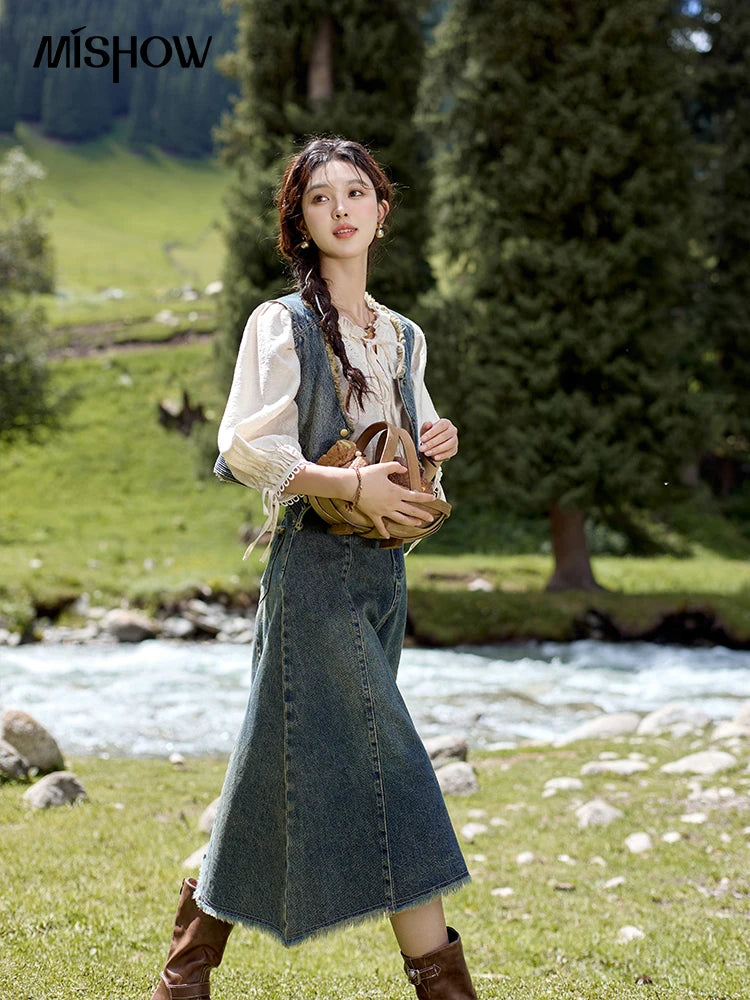 MISHOW Washed Hem Fringed Denim Midi Skirt 2024 Autumn Commuting Versatile A-line Long Skirt Retro Blue Casual Skirts MXD41B0453