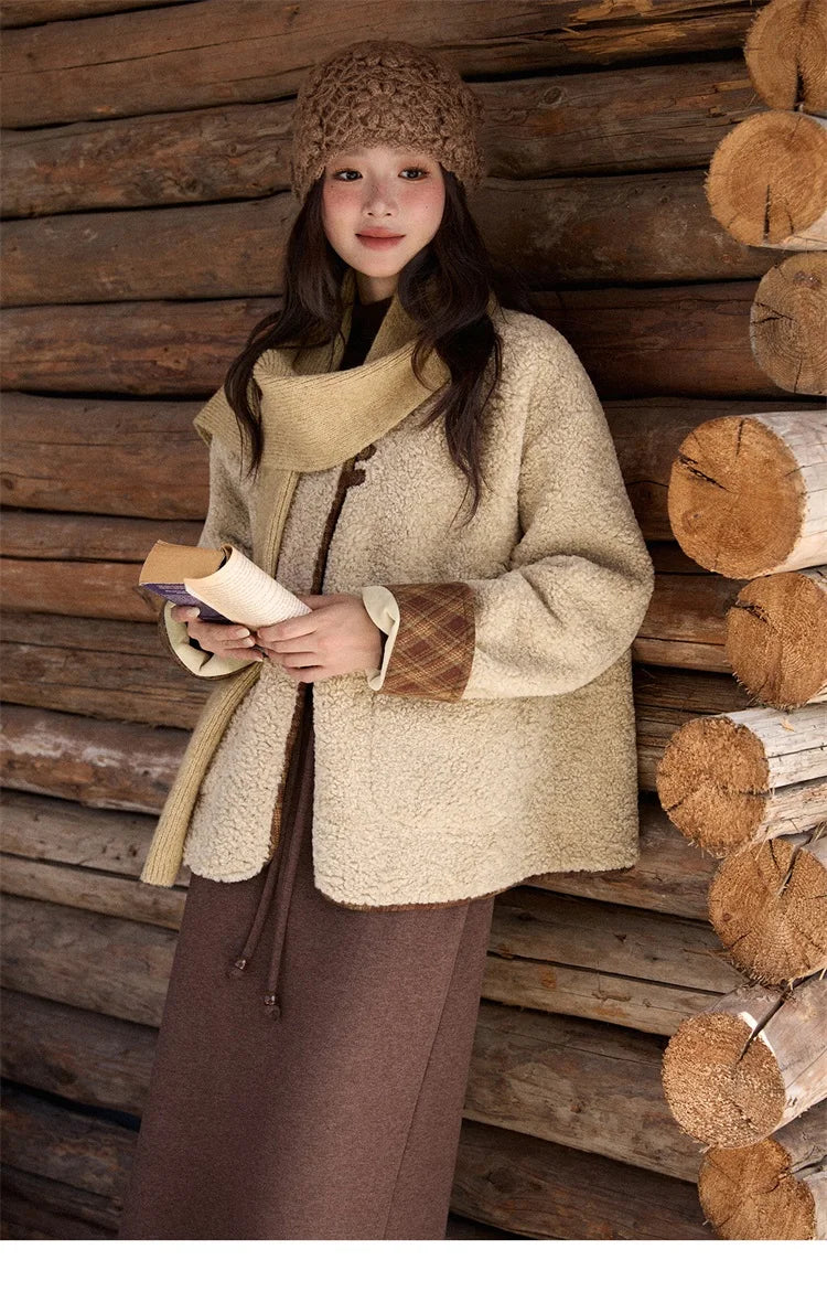 MISHOW Woman Plaid Patchwork Lamb Wool Coat 2025 Winter Round Neck Coat Commute Warm Loose Jacket （Without A Scarf）MXE90W0923