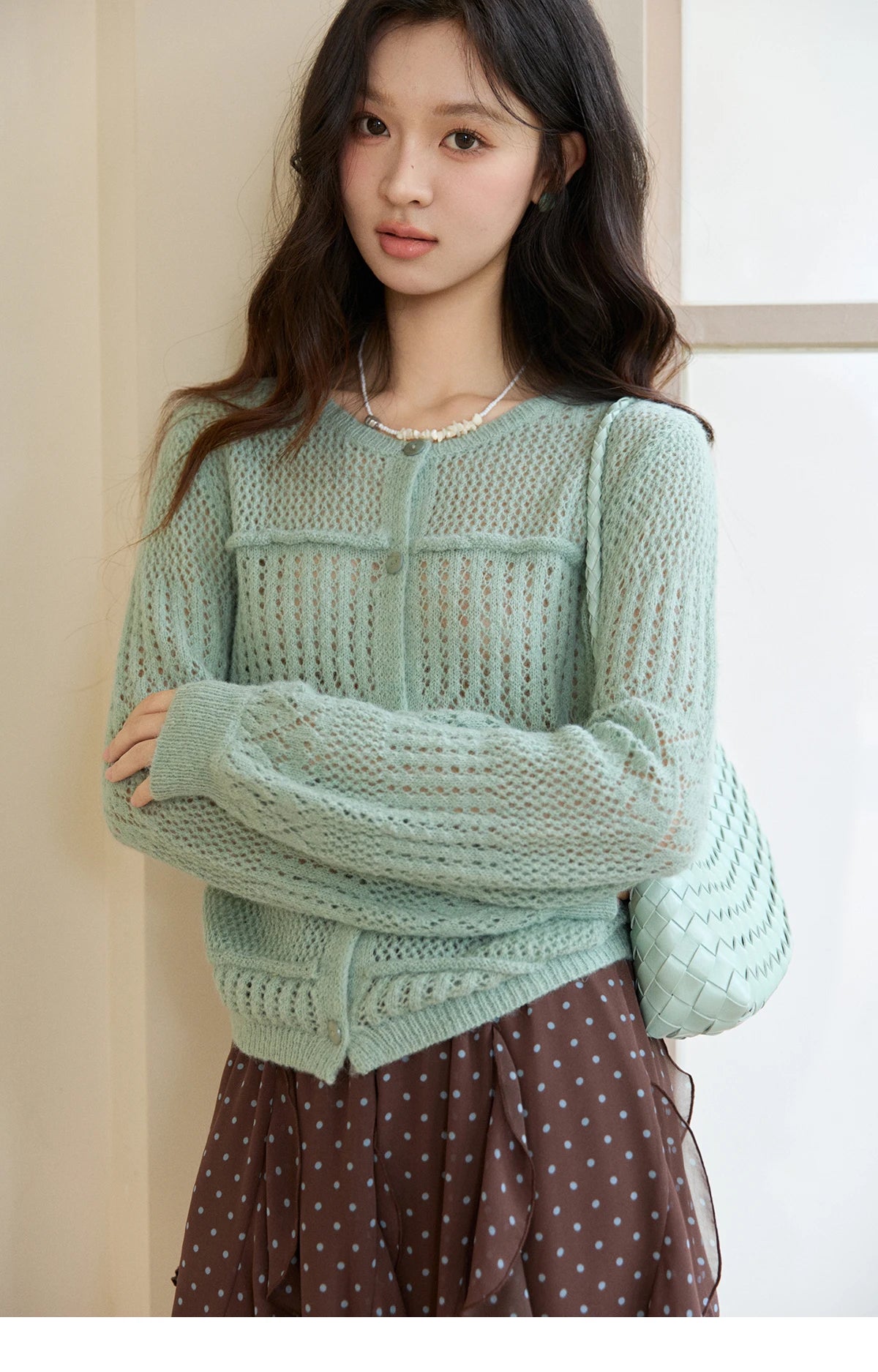 MISHOW Women's Mint Green Knitted Cardigan 2026 Spring Crew Neck Hollow Out Thin Tops Casual Loose Sheer Sweater MXF108Z1046